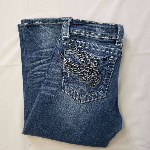 Miss Me Womens Capri Jeans Blue Stretch Embroidered Dark Wash Low Rise Denim 26 - Picture 1 of 12